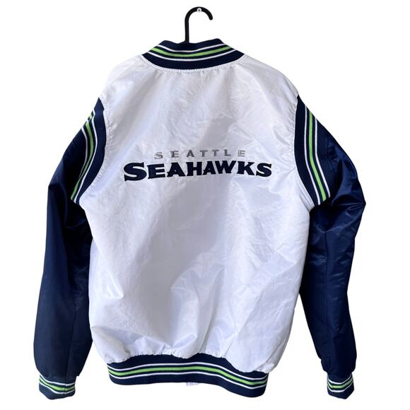 Rare White Starter Seattle Seahawks NFL Satin Bomber Jacket Medium - Picture 2 of 11